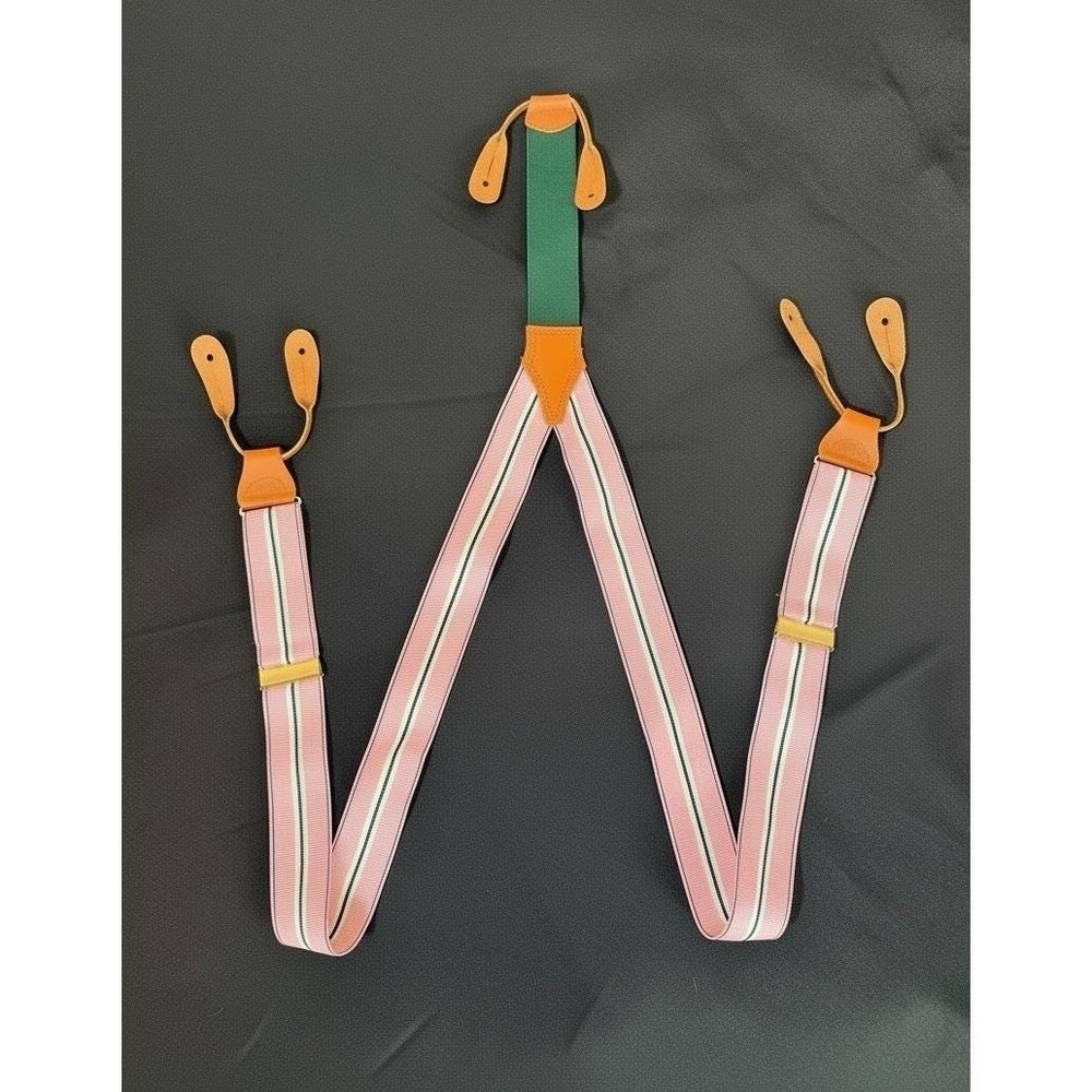 Polo Ralph Lauren Men's Pink Grosgrain Striped Suspenders Adjustable Leather End